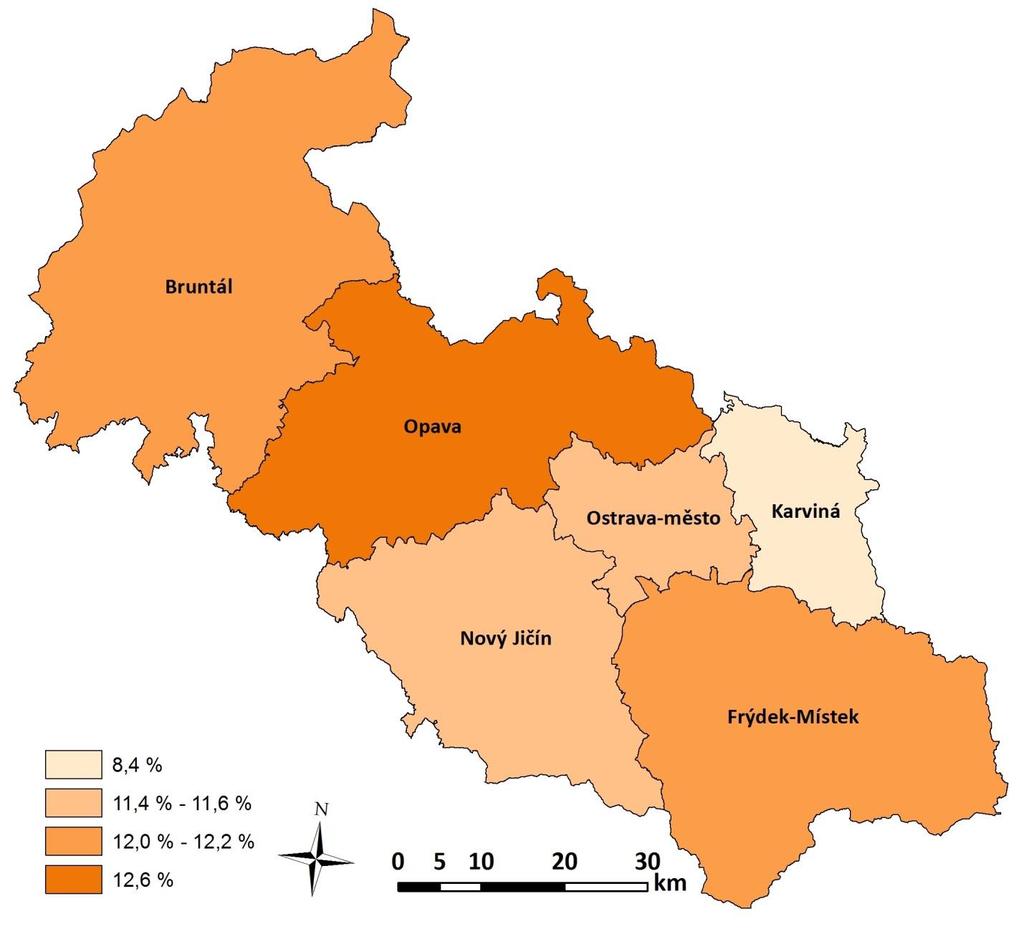 Úřad práce ČR, Krajská pobočka v Ostravě strana 17 Mapa II/2 - Podíl OSVČ na obyvatelstvu ve věku 15-64 let v jednotlivých okresech MSK ke konci roku 2017 5.