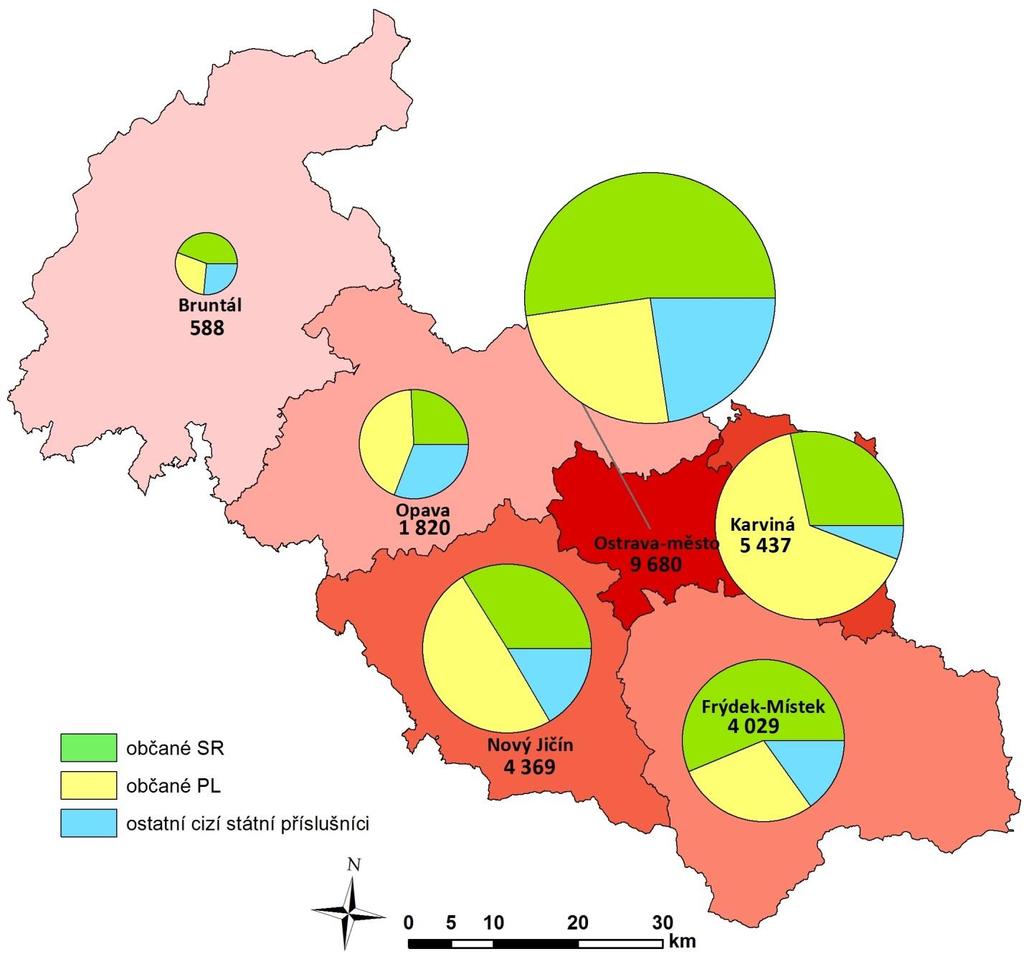 Úřad práce ČR, Krajská pobočka v Ostravě strana 36 Mapa IV/1 - Celkový počet zaměstnaných cizích státních příslušníků v jednotlivých okresech MSK k 31.12.