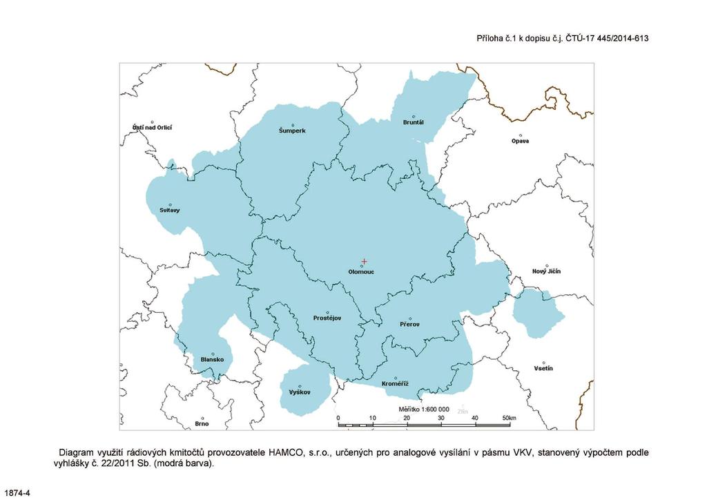 Příloha č.1 k dopisu č.j. ČTÚ-17 445/2014-613 Diagram využití rádiových kmitočtů provozovatele HAMCO, s.r.o., určených pro analogové vysílání v pásmu VKV, stanovený výpočtem podle vyhlášky č.