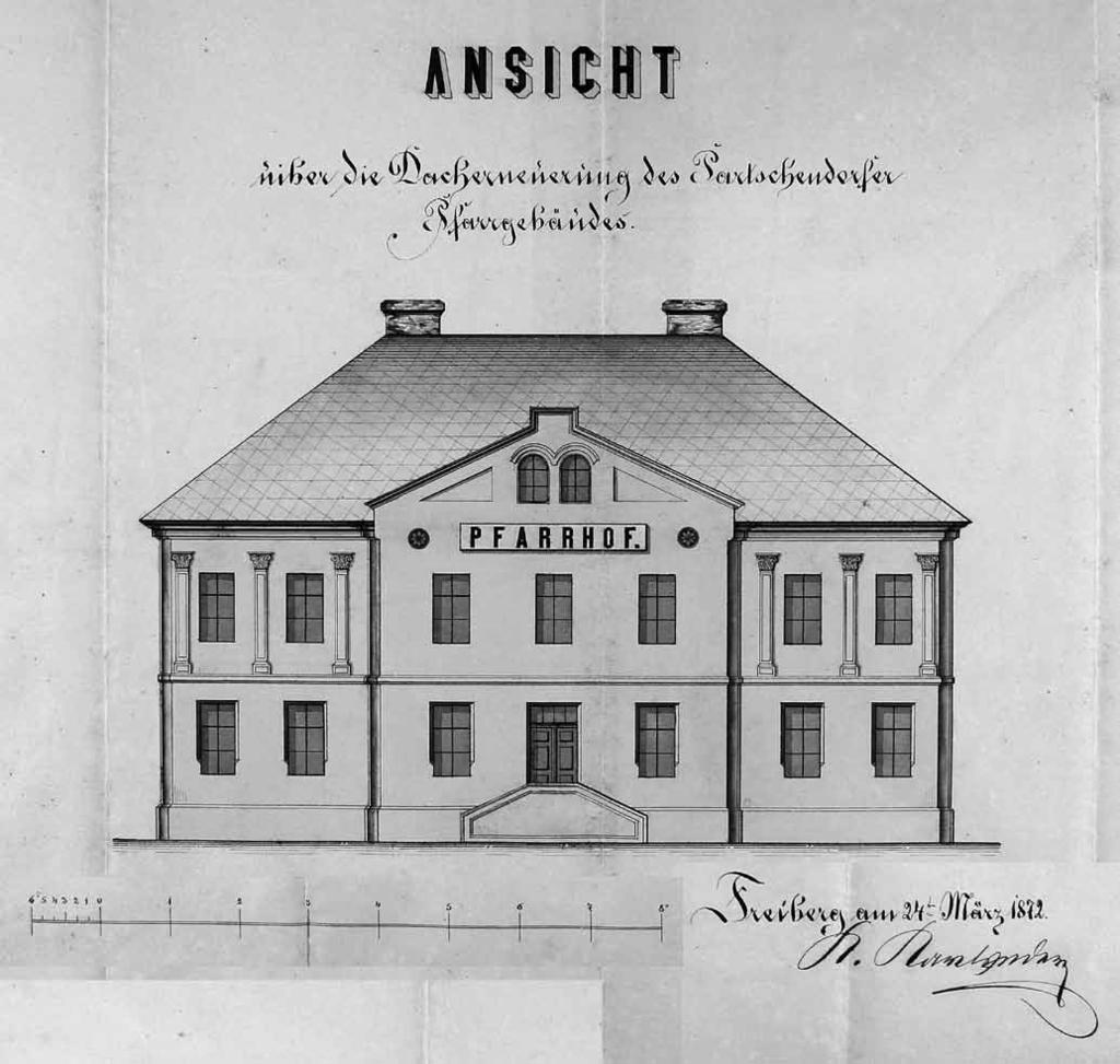 POODŘÍ 2/2015 Fara v Bartošovicích K. Karlseder, Návrh upraveného průčelí fary v Bartošovicích, kresba, 1872. SOkA Nový Jičín. Albrechtičky byla spravována sídelně, Bartošovice pak excurendo.