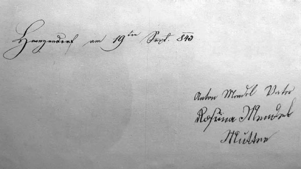 POODŘÍ 2/2015 Předkové J. G. Mendela Podpis rodičů na dokumentu, kterým dávají svolení ke vstupu Johanna Mendela do kláštera v r. 1843.