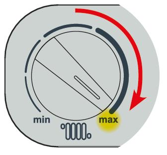 Seřízení spalování kotle - kalibrace 9) otočíme ovladačem teploty topné vody do max.