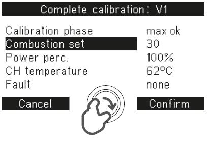 Combustion set upravíme hodnoty spalování 7) Po stisknutí tlačítka Confirm kotel zahájí kalibraci při stř.
