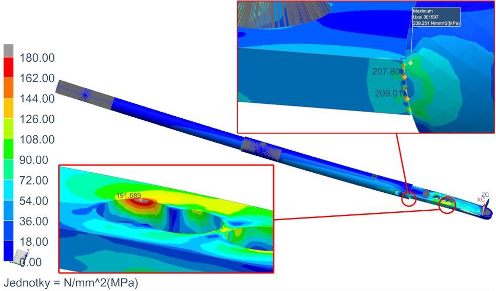 Obr. 39 - MKP simulace varianty 1 Na základě zvoleného materiálu (ocel 11 523) s mezí kluzu Re = 333 MPa, jsem zvolil jako maximální hodnotu dovoleného napětí otočné páce σ DP = 200 MPa a dovolenou