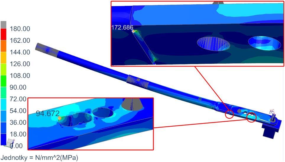 Obr. 48 - MKP simulace varianta 2 Materiál otočné páky zůstal stejný (ocel 11 523) s mezí kluzu Re = 333 MPa.