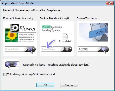 Jak používat program P-touch Editor Režim Snap Tento režim umožňuje zachytit celý obsah obrazovky počítače nebo její část, vytisknout ji jako obrázek a uložit pro budoucí použití.