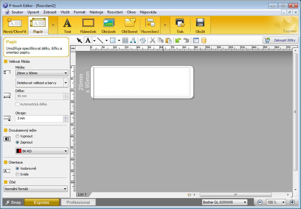 Jak používat program P-touch Editor Konfigurace 2barevného tisku 7 Tiskárna umožňuje 2barevný tisk. Konfigurace pomocí programu P-touch Editor Režim Express 7 a Vyberte [Papír].