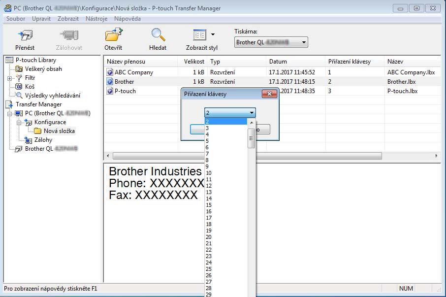Jak používat programy P-touch Transfer Manager a P-touch Library (pouze pro systém Windows ) e Chcete-li změnit číslo klíče přiřazené k nějaké položce, klikněte na tuto položku pravým tlačítkem,