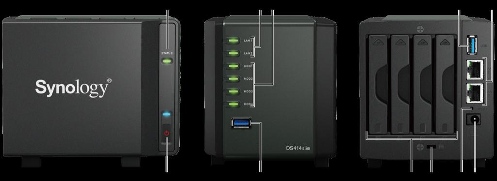 Stručný přehled zařízení Synology DiskStation Číslo Název Umístění Popis 1) Stavová kontrolka LED 2) Tlačítko napájení 3) Kontrolky LAN 4) Kontrolka HDD 5) Porty USB 3.