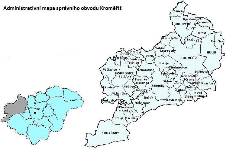 Obrázek 1 Administrativní mapa správního obvodu SO ORP Kroměříž Zdroj: https://www.czso.cz/csu/xz/so_orp_kromeriz 2.1.3 Obyvatelstvo a demografický vývoj města Kroměříž v porovnání s okresem Kroměříž a Zlínským krajem Město Kroměříž mělo k 31.