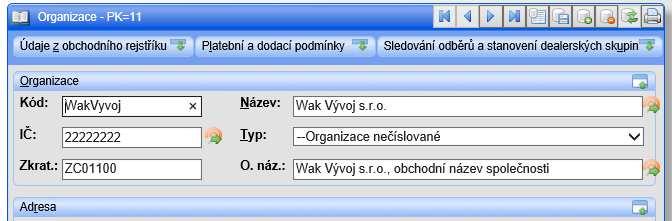 reprezentuje vlastní organizaci. Příjmení tohoto virtuálního zaměstnance je shodné s kódem vlastní organizace.