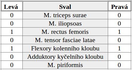 Svalový test DKK Vyšetřen 3. stupeň ST pro extenzi v kyčelním kloubu na obou DKK, dále stupeň 4 ST pro supinaci s dorzální flexí, supinaci s plantární flexí a plantární pronaci na obou DKK.