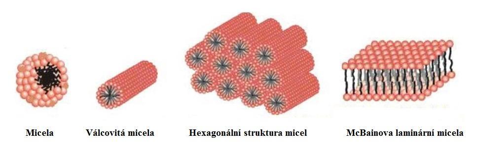 válcovité agregáty, hexagonální kapalné krystaly či útvary podobné dvojvrstvě lipidů v buněčných membránách.