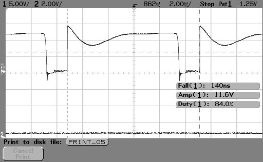 5.4.2 Testování první prototypové desky Po vyrobení první DPS a osazení jednoho kanálu, proudové ochrany a PCA9635 se přešlo k testování vlastností. Obr.5.8 Prodloužení střídy na zátěži Obrázek 5.