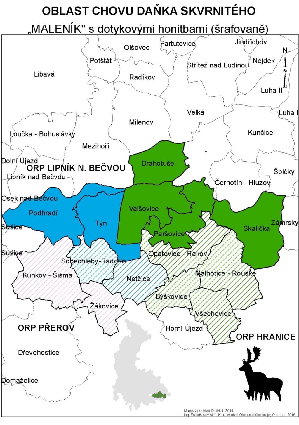 Vysvětlivky: Správní obvod Městského úřadu Hranice = zeleně Správní obvod Městského úřadu Lipník nad Bečvou = modře Správní