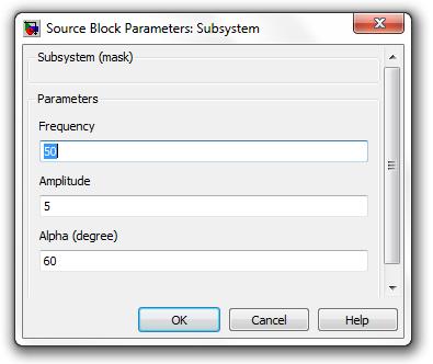 Základní parametry, které se zde zadávají je frekvence, v našem případě 50Hz, amplituda 20 a řídící úhel (Alpha). V našem případě příklad 60.