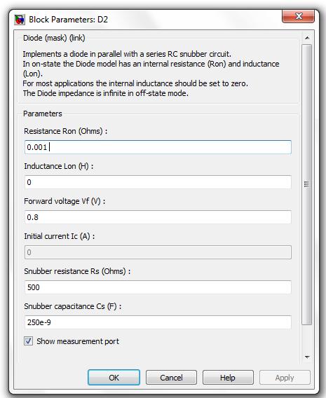 4.2.3. Dioda Obr. 10 : Schématická značka diody (Simulink knihovna SimPowerSystems) Popis: Vstupy do bloku a - anoda, k - katoda, m - měřící vstup pro voltmetr či ampérmetr (measurment).