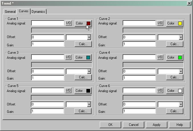 Programování Grafické zobrazení a řízení 7 Záložka [Curves] 1644AEN Parametry Analog signal Color Offset and Gain Popis Analogové signály, které objekt zaznamenává a pro které má zobrazovat hodnoty.