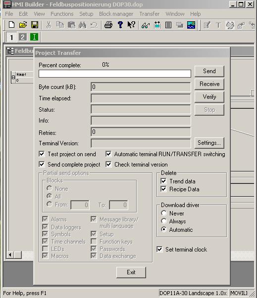 Provoz a servis Přenos projektu pomocí PC a softwaru HM-Builder 6 1381AEN Nyní se postupně provedou následující kroky: Přepnutí obslužného terminálu do přenosového režimu (TRANSFER) Přenos