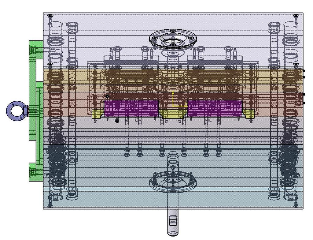 UTB ve Zlíně, Fakulta technologická 49 Obr. 28. 3D model vstřikovací formy Všechny desky byly vystředěny ve čtyřech bodech formy. V pravé části formy byly jako středící členy zvoleny vodící čepy.