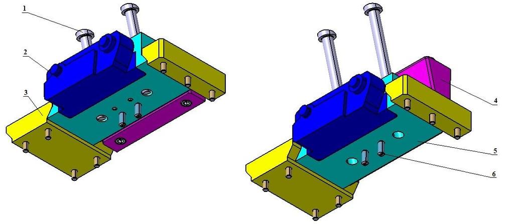 Vizualizace mechanismu posuvných čelistí, vlevo uzavřený stav, vpravo otevřený stav 1 vodící čep, 2 tvarová čelist, 3 rybinovité vedení posuvného mechanismu, 4 zámek, 5 táhlo posuvné čelisti, 6 šroub