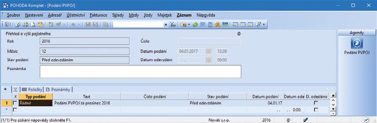 V agendě Podání PVPOJ najdete nově vytvořený záznam o řádném, případně opravném podání.