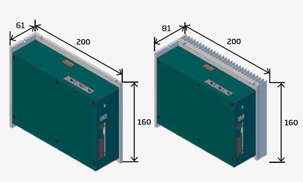 3.3 Rozměry servozesilovače TGZ-48-50/100 ROZMĚRY VERZE BEZ PŘÍDAVNÉHO CHLADIČE: 160 x 61 x 200 mm (výška x šířka x hloubka) Rozměry včetně konektorových protikusů: Hmotnost: 193 x 61 x 204 mm (výška