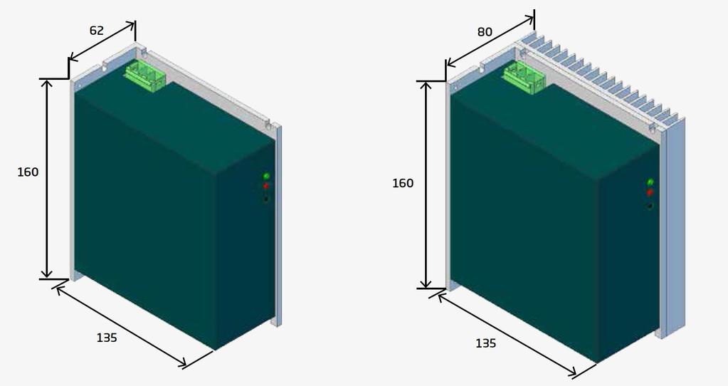3.5 Rozměry napájecího modulu TGS-320-10/15 ROZMĚRY VERZE BEZ PŘÍDAVNÉHO CHLADIČE: 160 x 62 x 135 mm (výška x šířka x hloubka) Rozměry včetně konektorových protikusů: Hmotnost: 184 x 63 x 135 mm