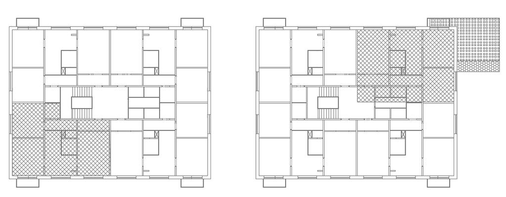 Obrázek 7: Bodový dům 4003 Schéma změny velikosti bytů (schéma původní velikosti bytu zařazeno) Zdroj:Typový podklad bytových domů T-06 B KDU), doplnění archiv autorky Původní byt 3+1 Přístavba