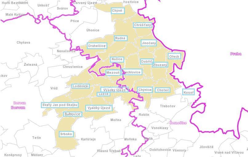 Zdroj: vlastní zpracování, NS MAS ČR, 2015 MAS leží ve Středočeském kraji mezi městy Praha a Beroun, na území okresů Praha-západ a Beroun a spadá pod ORP Černošice a