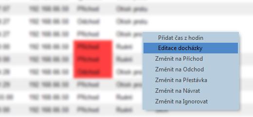 Kdykoliv program identifikuje chybu, Příchod/Odchod stav řádku a úsek s podezřením na chybu budou zvýrazněny červeně.