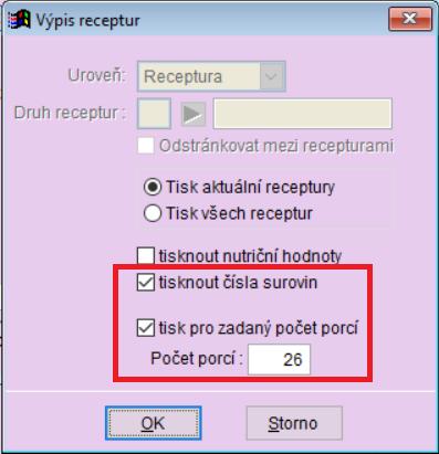 lze zadat počet porcí pro rychlé (operativní) normování Tisk