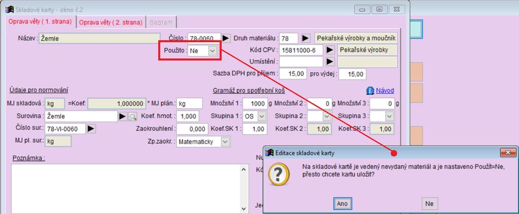 Kontrola na použité skladové karty Skladovou kartu můžete označit jako nepoužívanou. Pak se nebude nabízet v nové příjemce.