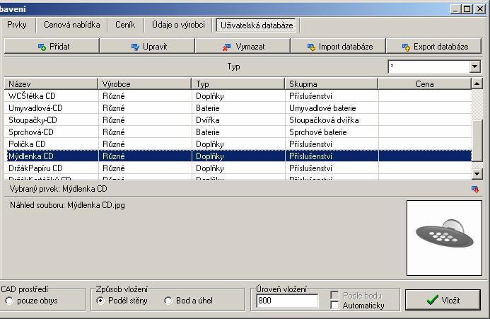 CAD Decor > Prvky vnitřního vybavení Uživatelská databáze Program umožňuje importovat vlastní prvky vnitřního vybavení do uživatelské databáze.