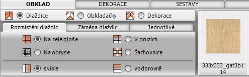 CAD Decor > Návrh obkladů Pokládka dlaždic a obkladaček Dlaždice, obkladačky a dekorační prvky se vkládají vždy v rámci jedné určené plochy. Na počátku pokládky je touto plochou např. celá stěna.