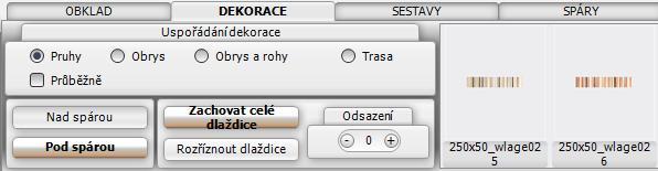 Není-li plocha obložena, můžete pruhy dlaždic pokládat jen k jejím okrajům (v případě stěny k podlahové spáře). Na kartě OBKLAD klepněte na přepínač Dlaždice nebo Obkladačky.