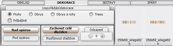 Zaškrtněte přepínač přes celou plochu, pokud chcete, aby se pásek vložil přes celou plochu prvku (např. přes celou stěnu) bez ohledu na její rozdělení jinými vloženými dlaždicemi na dílčí plochy.