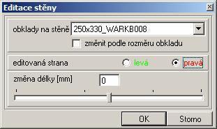 CAD Decor > Návrh obkladů a otevře dialogové okno Editace stěny: V horní části můžete zaškrtnutím přepínače Změnit podle rozměru obkladu nastavit, že prodlužování, popř.