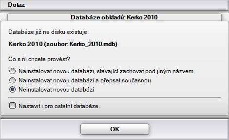 CAD Decor > Instalace Pokud program zjistí, že databáze, kterou se chystá nainstalovat, již na disku je z předchozí instalace CAD Decoru, zobrazí následující dotaz: V záhlaví okna je zobrazen název