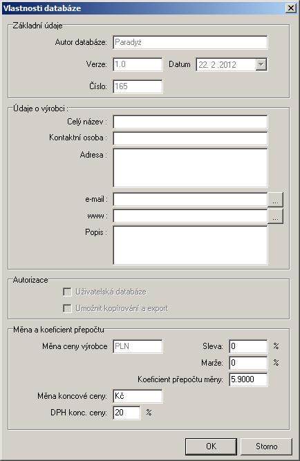 CAD Decor > Editor databáze dlaždic Vlastnosti databáze Volbou položky Vlastnosti databáze otevřete dialogové okno: Údaje v rámečcích Základní údaje a Autorizace mají informativní charakter a nelze