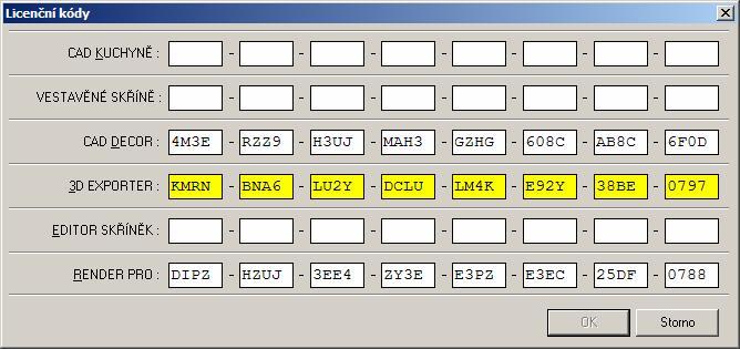 CAD Decor > Instalace Otevře se dialogové okno pro zadání licenčních kódů: Okno je připraveno pro CAD Decor