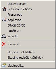 CAD Decor > Manipulace s prvky Manipulace s prvky Nástroje pro manipulaci s prvky můžete spouštět z hlavní nabídky programu Kreslení, nebo z místní nabídky, kterou otevřete, když vyberete prvek a