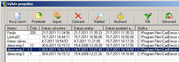 Správa projektů CAD Decor > Správa projektů Správa projektů se provádí v dialogovém okně Výběr projektu, které otevřete jedním z těchto způsobů: Zvolte