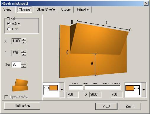 CAD Decor > Kreslení místností Zkosení stěn a rohů Zkosení doporučujeme provádět v některém izometrickém pohledu, např. po nastavení pohledu klepnutím na ikonu Směr pohledu > Pohled zprava zepředu.