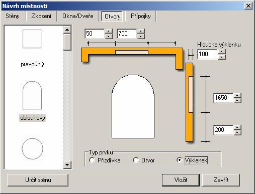 CAD Decor > Kreslení místností Otvory, výklenky a výstupky Přizdívky, otvory a výklenky můžete vkládat do půdorysu, názornější je ale před otevřením dialogového okna nastavit některé izometrické