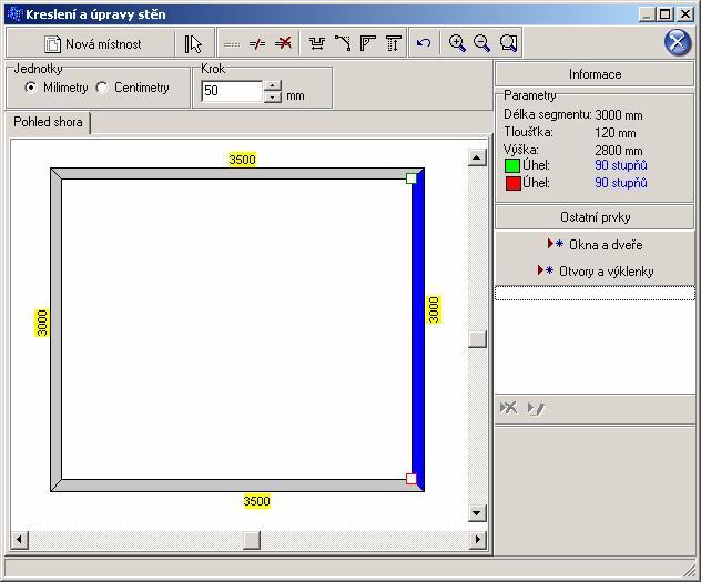 CAD Decor > Kreslení místností Editor stěn spustíte klepnutím na tlačítko Editor stěn v dialogovém okně Modelování místnosti nebo v dialogovém okně Návrhář místnosti.