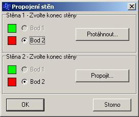 Propojení stěn Nástroj lze vybrat jen z místní nabídky volbou položky Propojit stěnu. Protažení stěny Zvolte počátek (zelený bod) nebo konec (červený bod) stěny.