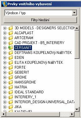 Výběr prvku Podle názvu výrobce, série a prvku CAD Decor > Prvky vnitřního vybavení Nejsnadněji vyberete