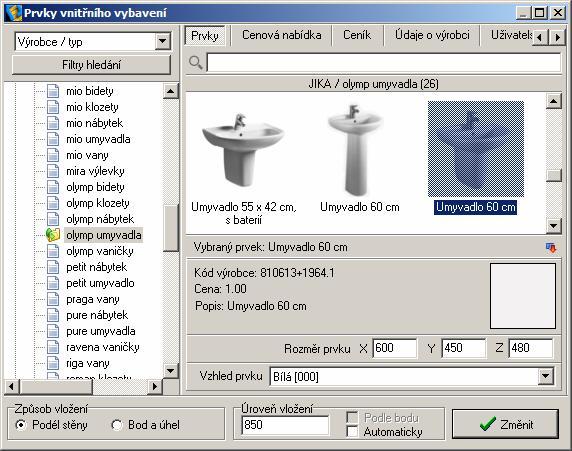 CAD Decor > Prvky vnitřního vybavení Změna rozměrů Chcete-li změnit rozměry vloženého prvku, postupujte takto: Vyberte prvek a z místní nabídky zvolte položku Upravit prvek.