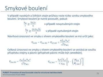 72 V případě vysokých a štíhlých stojin průřezu dochzáí k boulení ve smlyku.